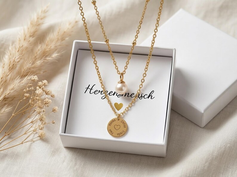 Personalisierte Halsette mit Perle & Gravur Anhänger – Doppelte Layer Halskette – Namenskette – Geschenk für Mama, Freundin oder Geburtstag