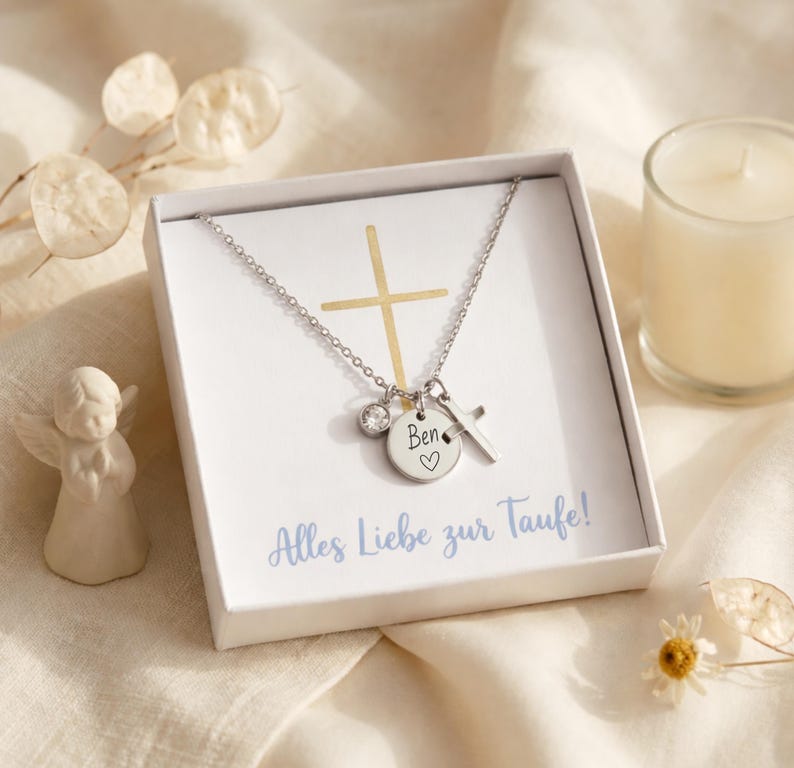 Taufkette mit Kreuz-Personalisierte Kette mit Geburtsstein-Edelstahlkette-Silber Gold-Geschenk-Taufe-Kommunion-Konfirmation-Mutmacher