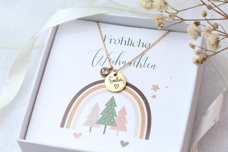 Kinderkette mit Geburtsstein-Weihnachtsgeschenk Mädchen-Edelstahl in Silber, 18k Gold-Mutmacher-Glücksbringer-Weihnachtskette Mädchen
