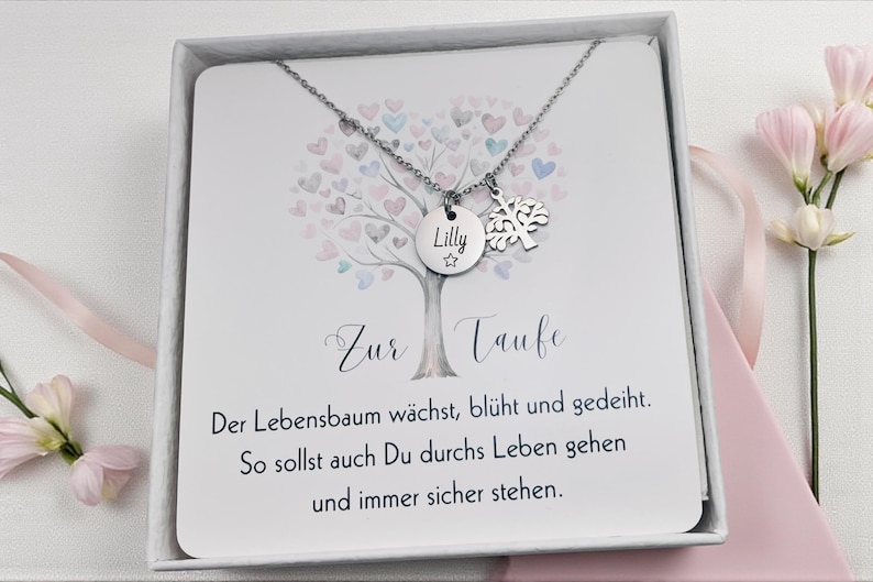 Taufkette Lebensbaum-Kette mit Baum Anhänger-Kette Mädchen Junge-Geschenk Kommunion Konfirmation-Edelstahl in Silber, 18k Gold-Patenkind