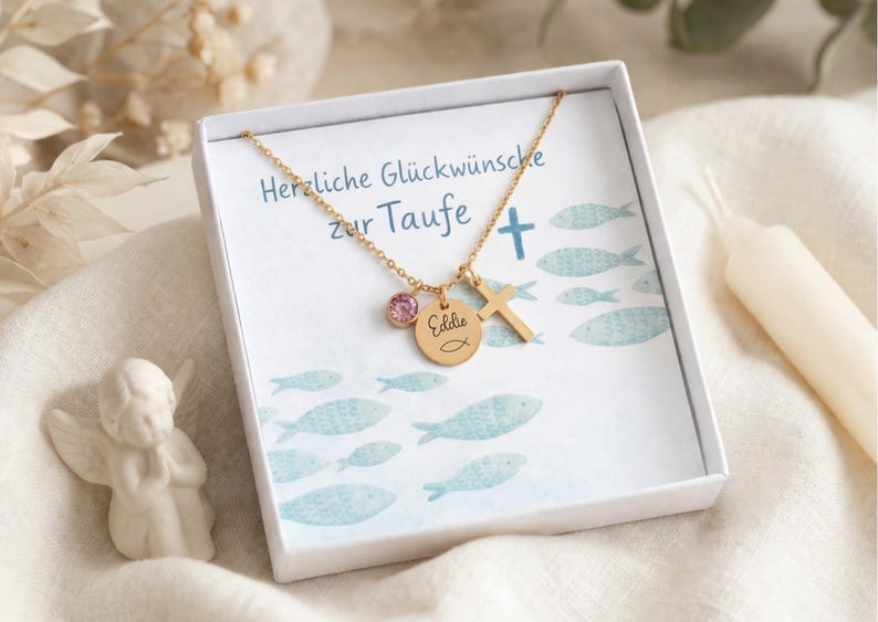 Taufkette mit Kreuz-Personalisierte Kette mit Geburtsstein-Edelstahlkette-Silber Gold-Geschenk-Taufe-Kommunion-Konfirmation-Mutmacher